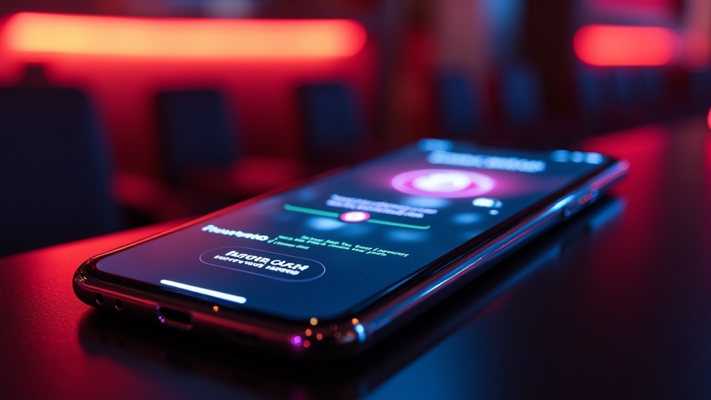 Smartphone met downloadscherm in een donkere casino-omgeving