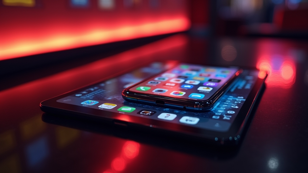 iPhone en iPad met mobiele casino-interface op een donkere tafel