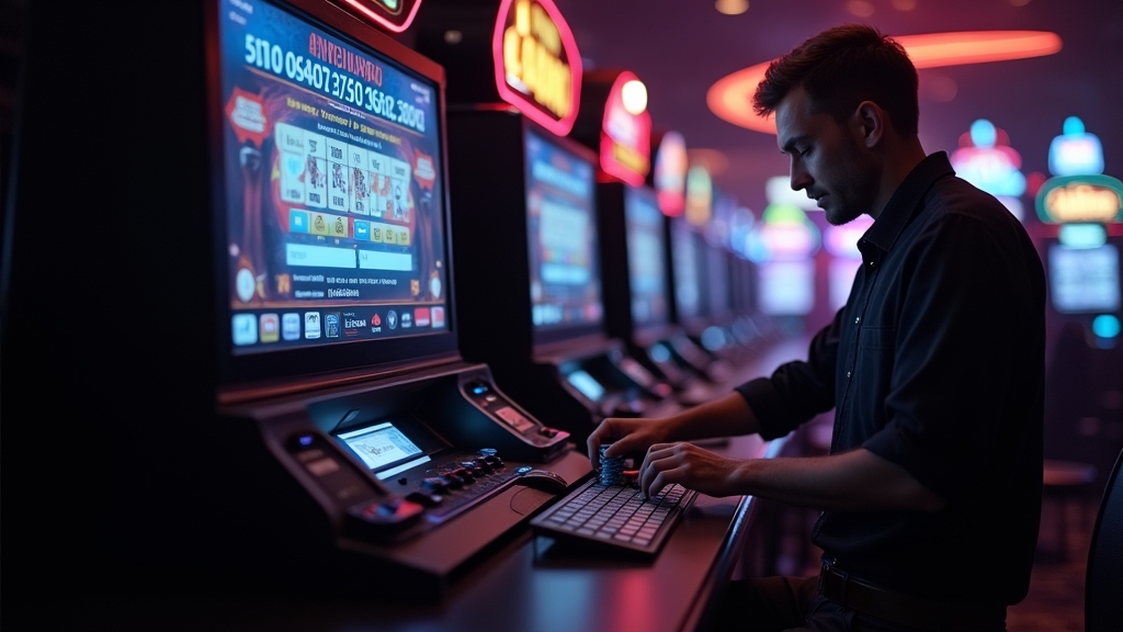 Speler bekijkt een opnameproces op een scherm in een donker casino-interieur
